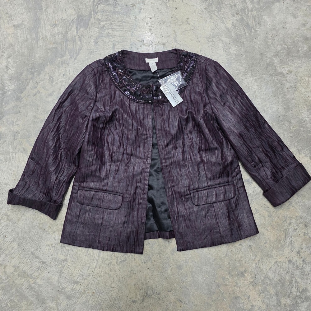 VTG Chicos Womens Purple Beaded Neckline‎ Open Front Blazer Jacket Size 1